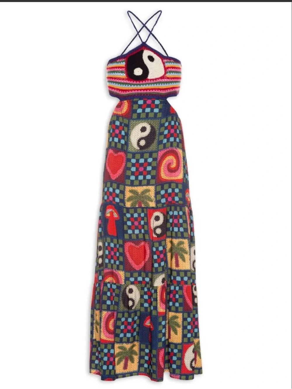FARM Rio Patchwork Crochet Cutout Maxi Dress Yin Yang Hearts Palm Medium NWT - Picture 4 of 9